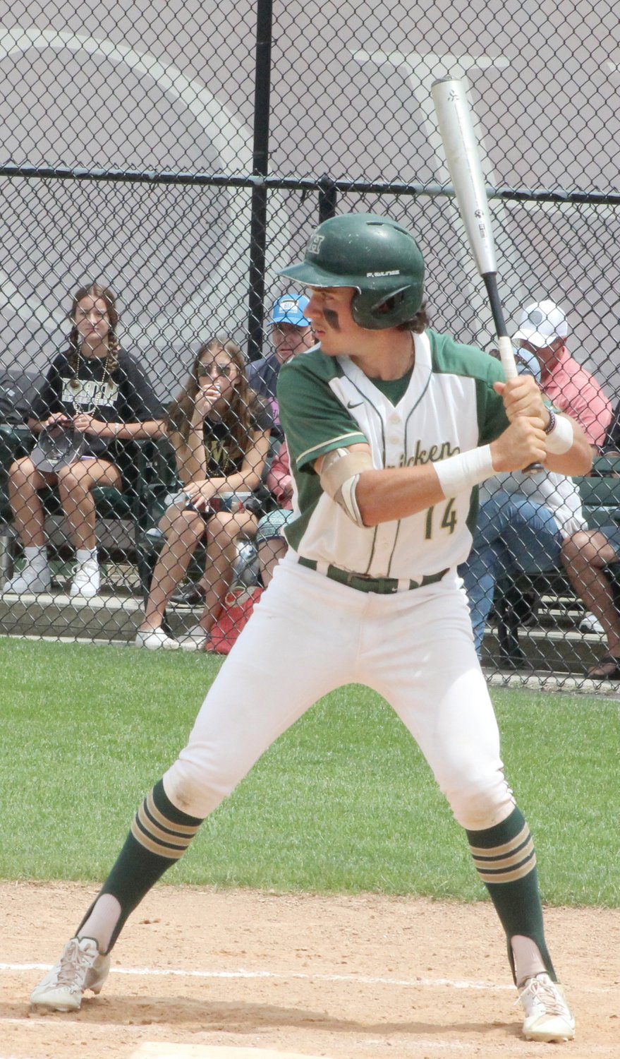 AT BAT & ON BASE: Above, Griffin Crain steps up to the plate during the best-of-three Division I Baseball Championship Series on Saturday. His team, the Bishop Hendricken Hawks, were swept in the series.